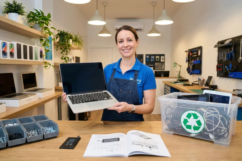 A woman stands behind a repair counter and holds a refurbished laptop in a bright local electronics shop. Spare parts, batteries, and an e-waste recycling bin sit nearby, with shelves of refurbished devices in the background.