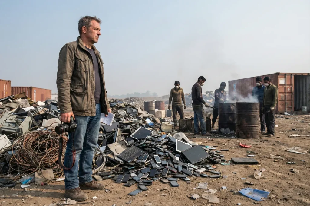A man stands near a large electronic waste site filled with broken computers, phones, and cables. Workers sort through the scrap in the background beside smoky barrels and scattered industrial containers.