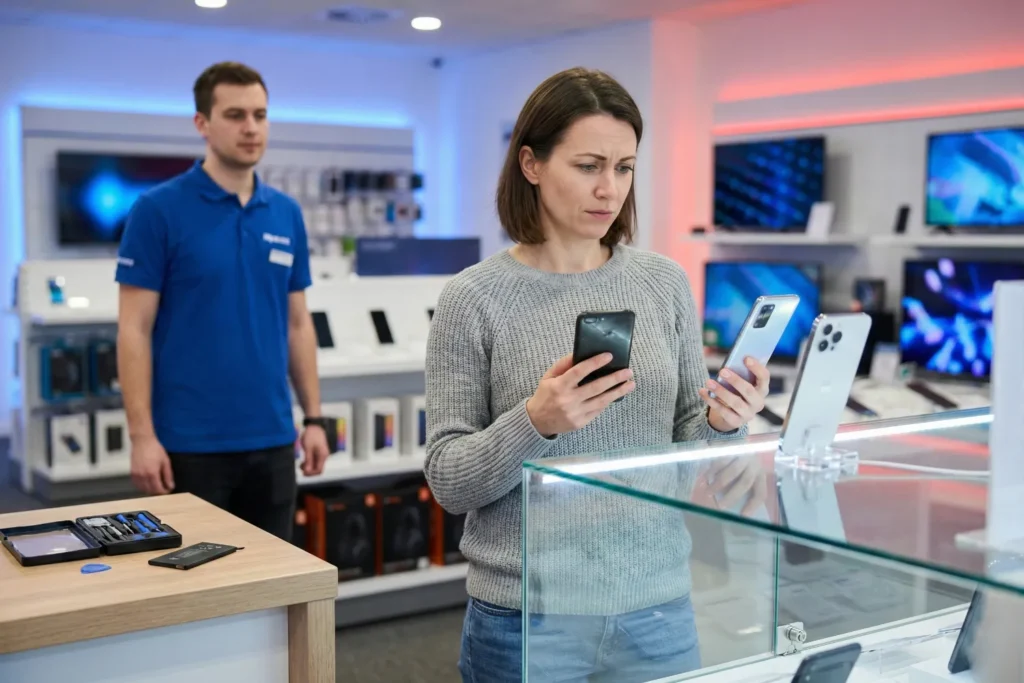 A woman stands in an electronics shop and holds an older smartphone while she looks at a newer model. A repair kit and battery sit on a counter nearby, with rows of modern devices glowing in the background.