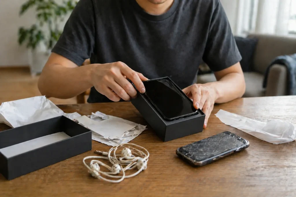 Person replacing an old phone with a new one