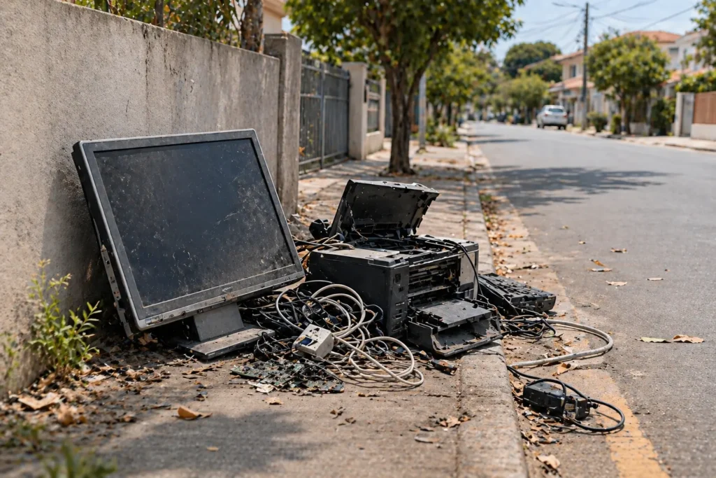 Discarded electronic device left on a roadside without recycling access