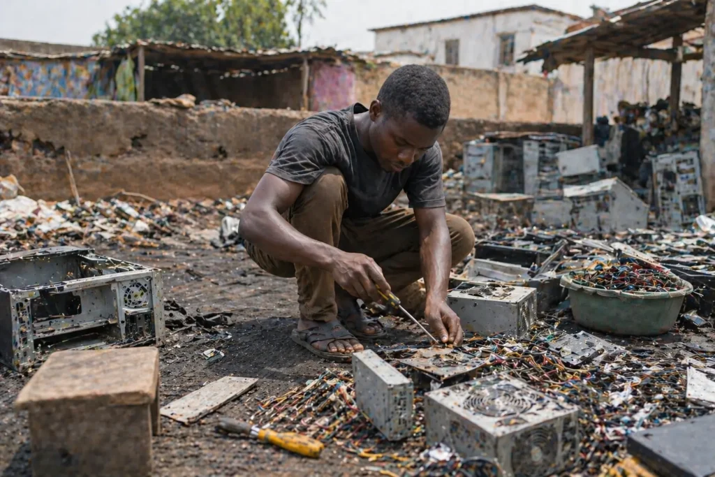 Person manually sorting electronic waste in a low-resource area