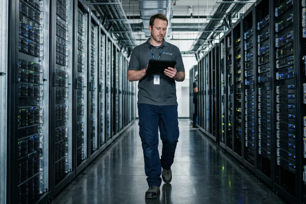 A man walks through a data centre and checks energy performance on a handheld device. Rows of illuminated servers stretch into the background.