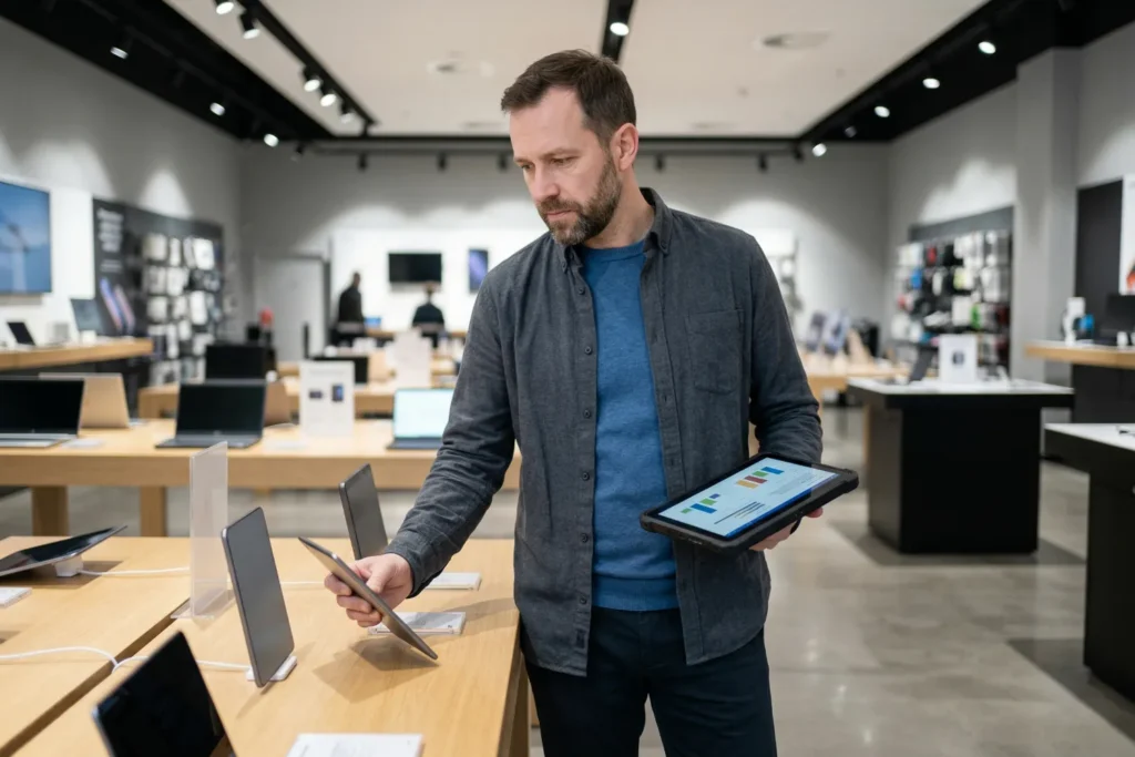 A man compares two electronic devices in a showroom while checking details on a handheld device. Rows of products are displayed around him.