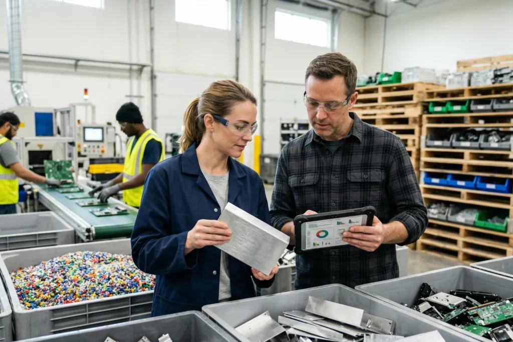 A man and woman examine recycled materials in a manufacturing facility. Containers of metals and plastics surround them on the production floor.