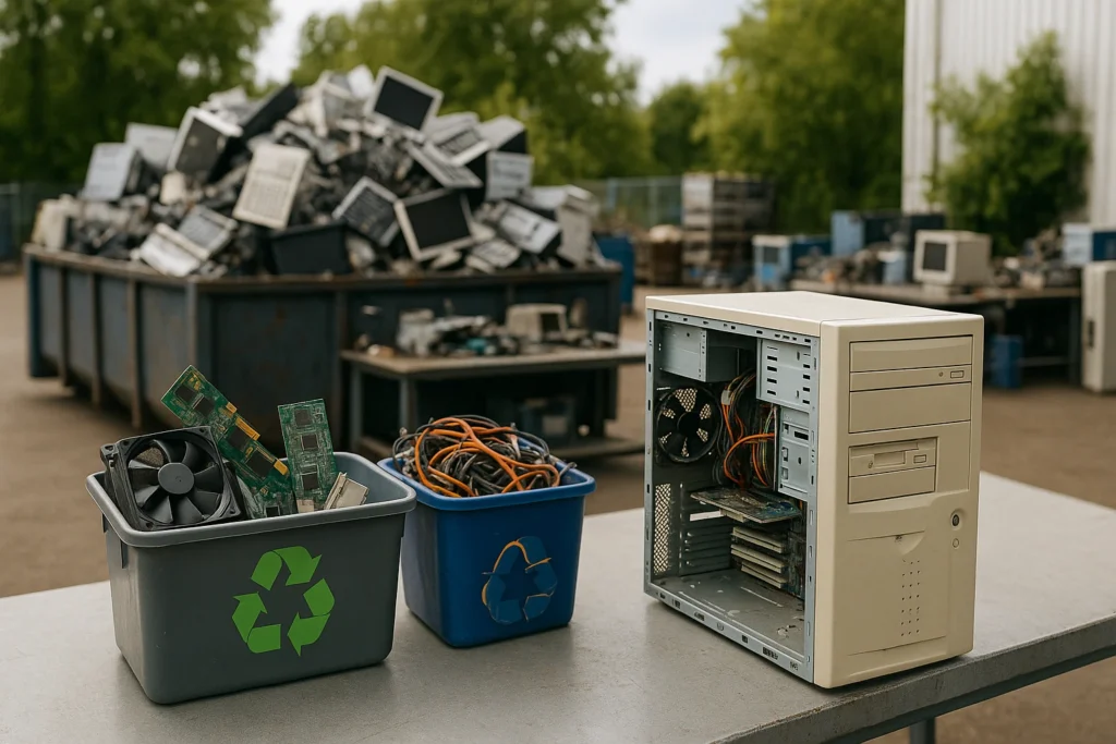 computer recycling facility sorting old electronics