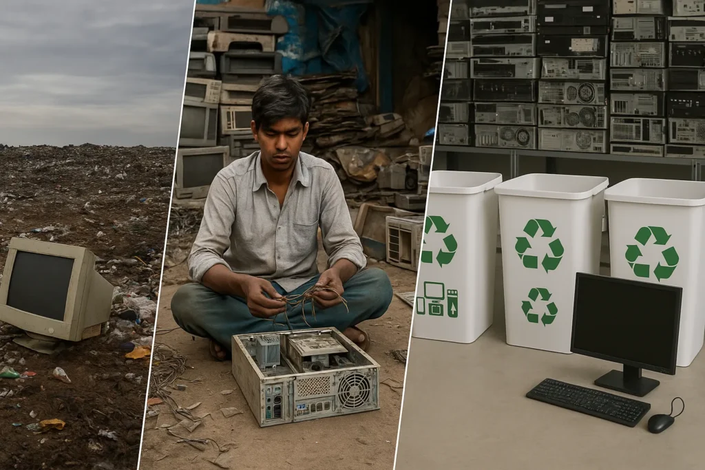 Old computers in landfill, dismantling, and recycling facility