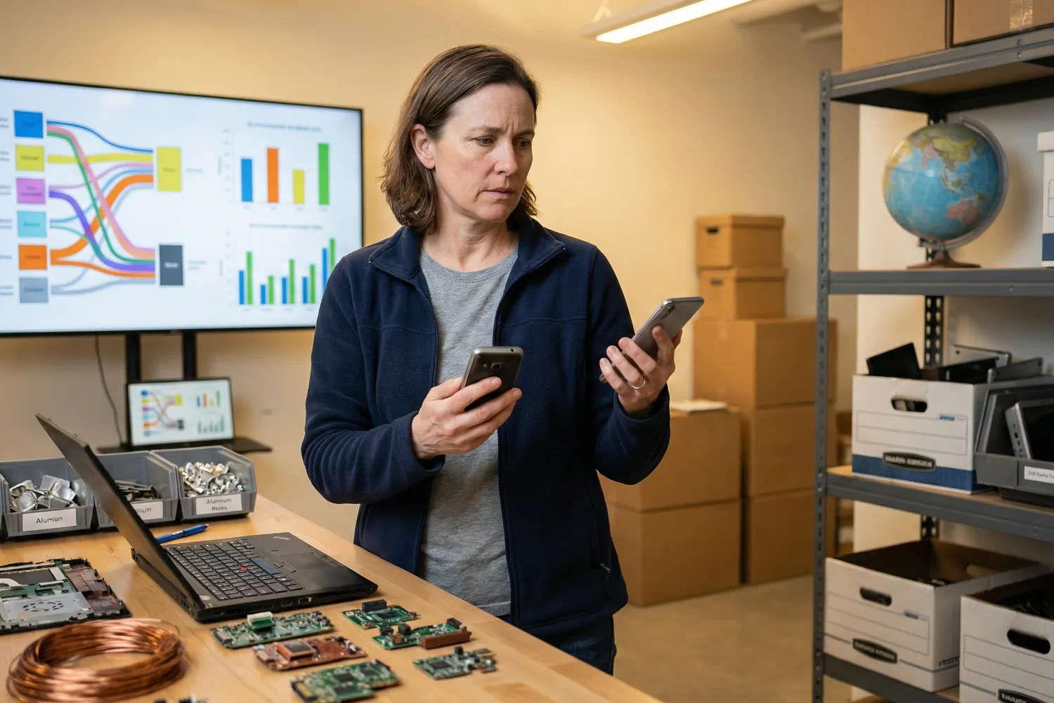 A woman stands in a technology research lab and compares an old smartphone with a newer one. The desk beside her holds electronic parts and recycling materials, with shelves of discarded devices in the background. The whole picture conveys the idea of device replacement cycle.