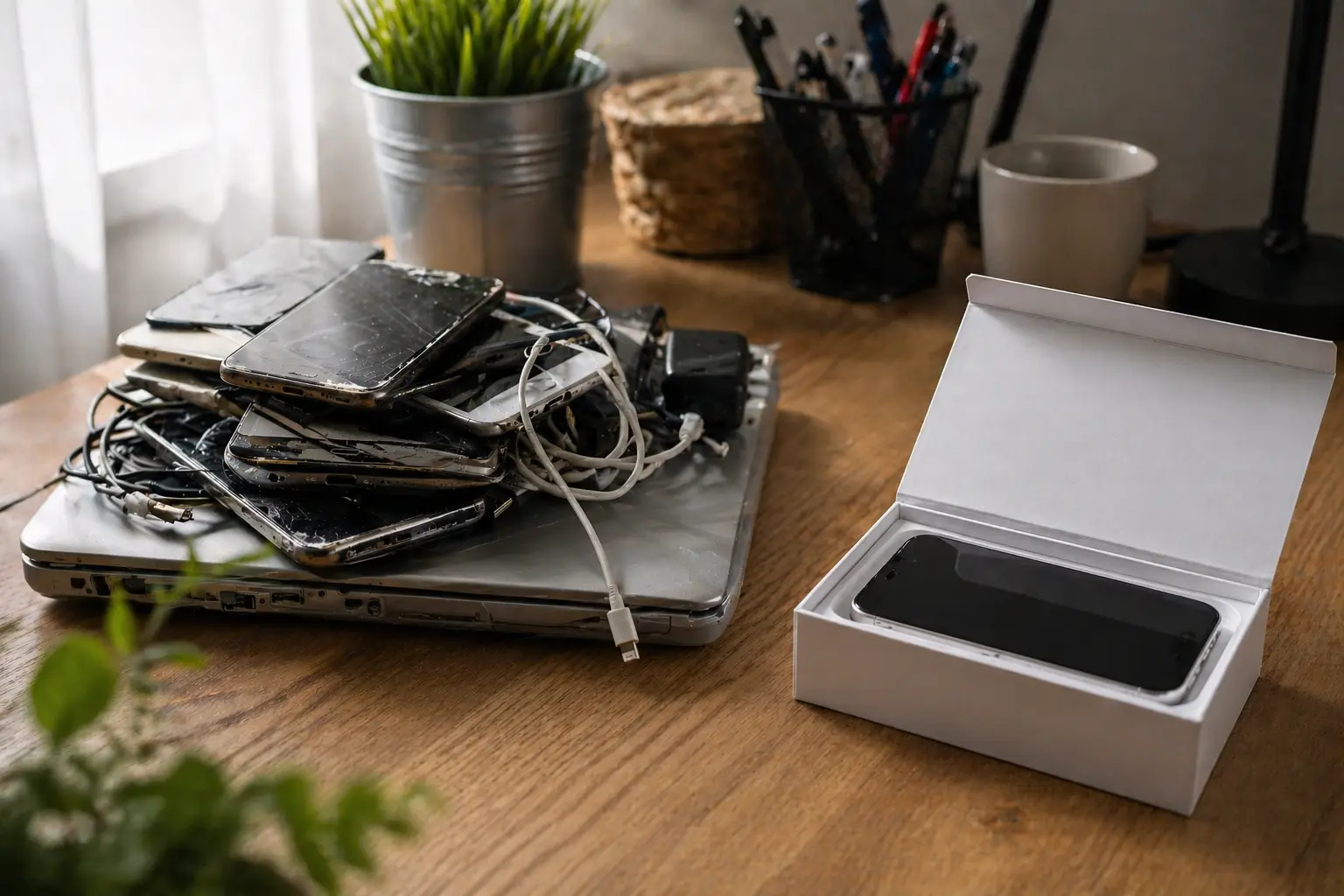 Old electronics piling up next to a new smartphone