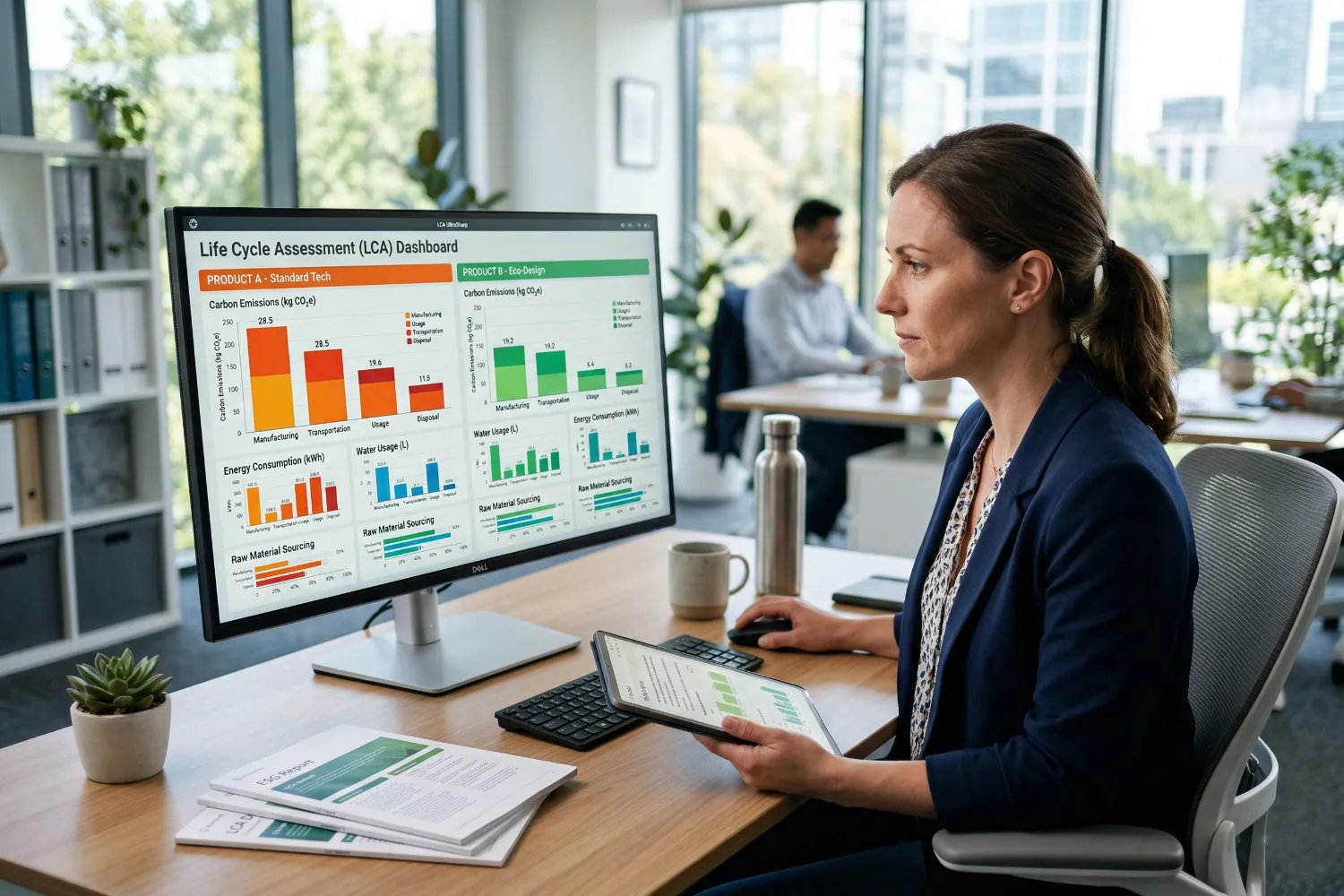 A woman reviews detailed charts on a computer screen that compare environmental impacts of different technologies using life cycle assessment technology. The office is bright, and documents and digital tools sit neatly on her desk.