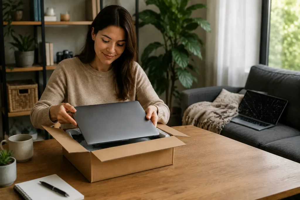 Unpacking her new laptop and discarding her damaged one.