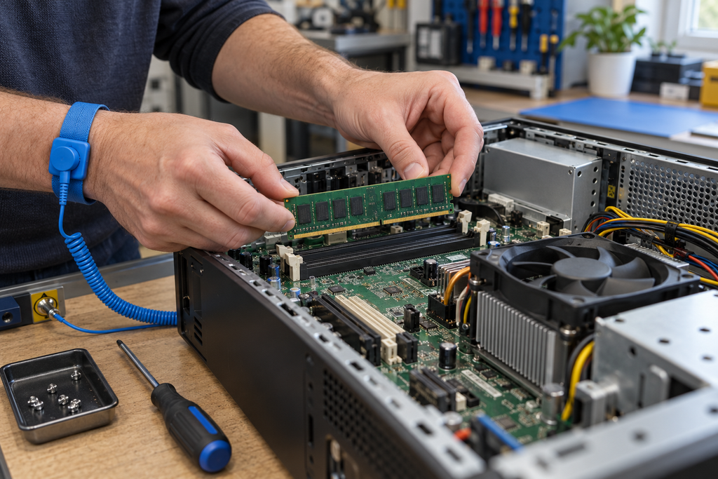 Computer manufacturing line with motherboards and inspection equipment.